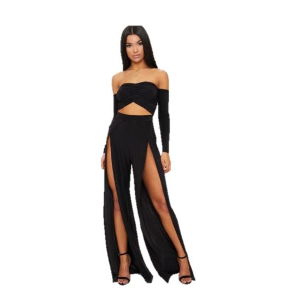 Black Slinky Ruched Front Split Leg Jumpsuit